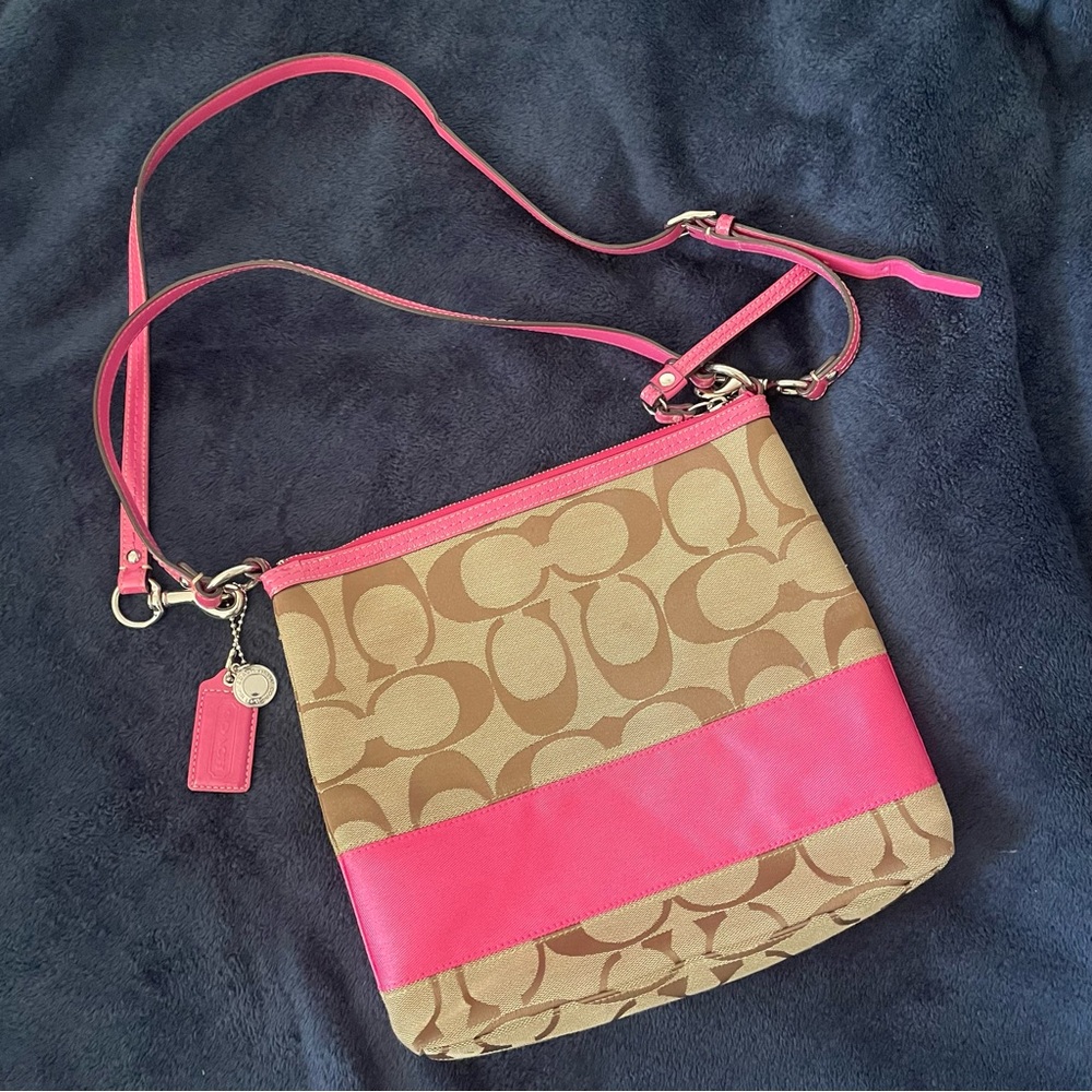 Coach Pink / Tan Crossbody Bag with Signature Monogram